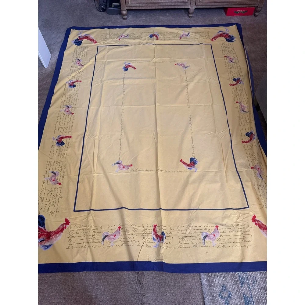 Williams Sonoma French Country Rooster Yellow Navy Script Tablecloth 68x88
